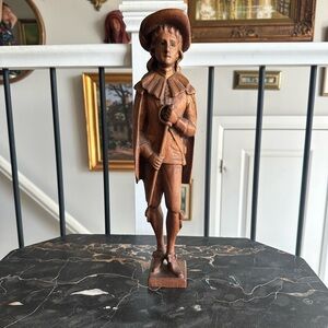 Rare Antique Hand-Carved Wooden Statue Man with Hat & Sword Wood Folk Art